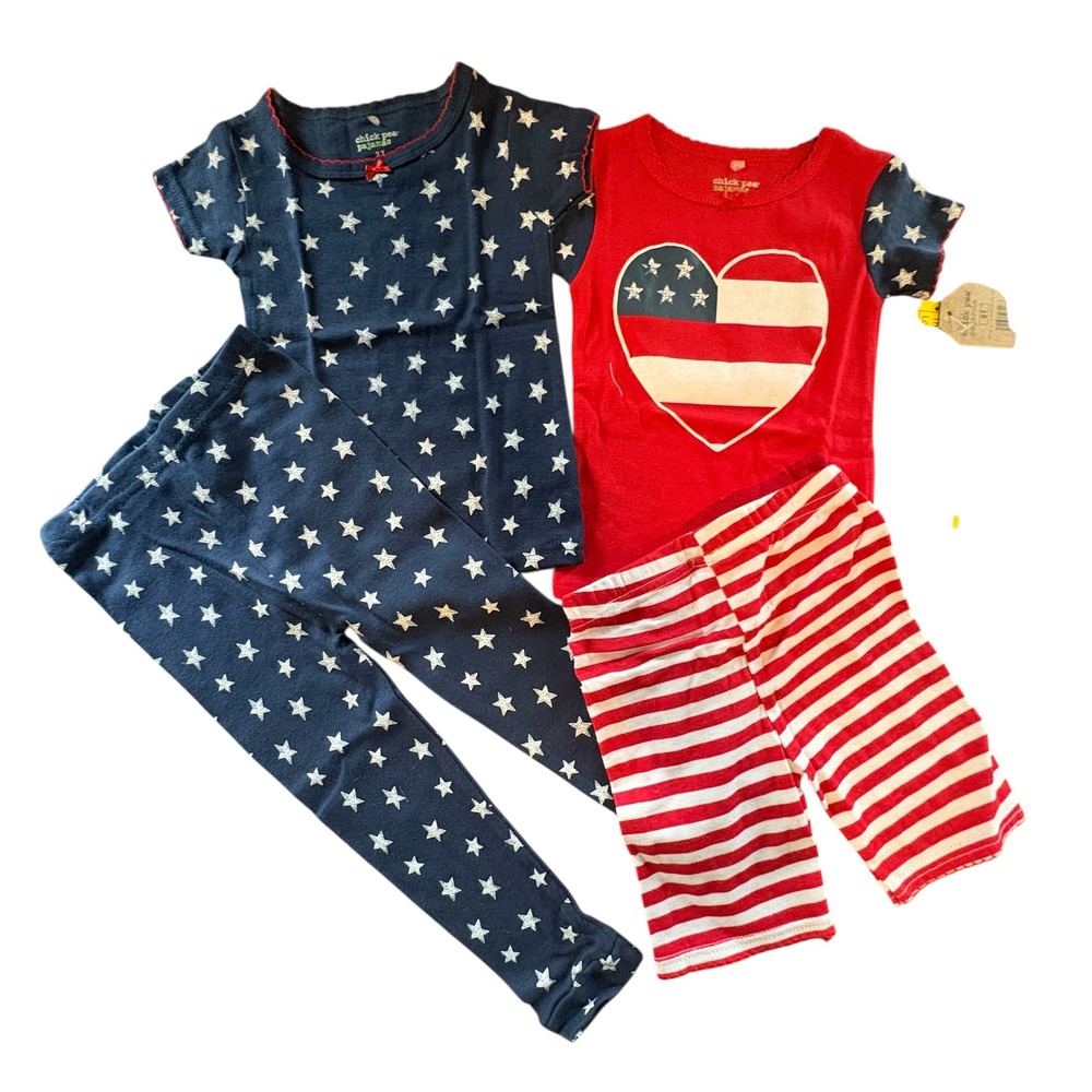 Chick Pea Pajamas 2T Toddler Girls 4pc Set Stars‎ Stripes Red White Blue Cotton
